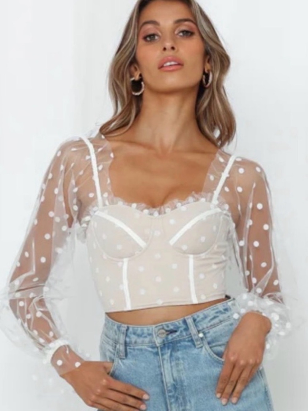 KEEPSAKE the Label White Sheer Polka Dot Mesh Bustier Crop Top